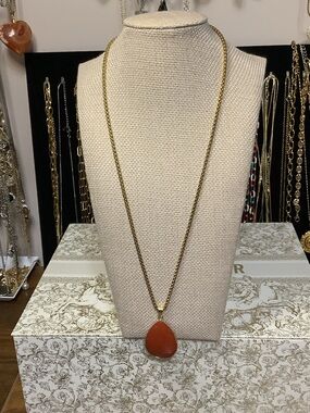 Gold Chain Necklace with Orange Teardrop Pendant - Women Jewelry